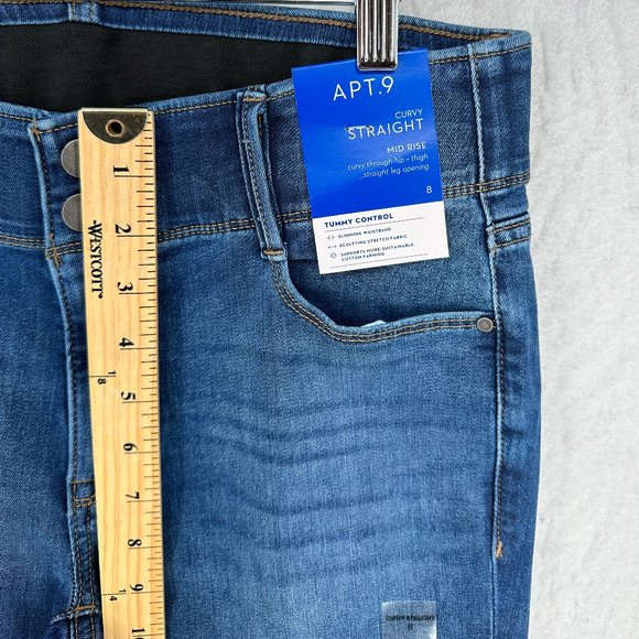Apt 9 Jeans Womens 8 Blue Denim Curvy Straight Slimming Tummy Waistband Pants - Picture 10 of 16